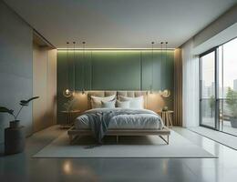 AI generated Interior of modern bedroom with green walls, concrete floor, comfortable king size bed and wooden bedside table with two bedside tables. generative ai photo