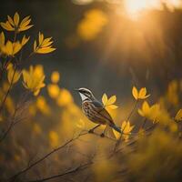 ai generado pájaro en un rama con amarillo hojas en el otoño bosque a puesta de sol. generativo ai foto
