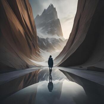 AI generated Businesswoman standing on the edge of a cliff with reflection in water. generative ai photo