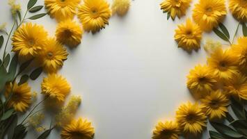 AI generated Flowers composition. Frame made of yellow flowers on white background. Flat lay, top view, copy space. generative ai photo