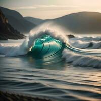 ai generado hermosa Oceano ola con turquesa agua a puesta de sol. generativo ai foto