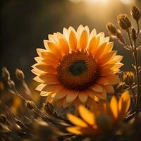 AI generated Sunflower in a field in the rays of the setting sun. generative ai photo