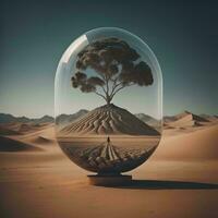 AI generated a tree inside a glass ball in the desert. generative ai photo