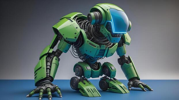 AI generated Green robot on blue background. generative ai. photo