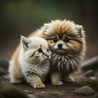 AI generated Pomeranian puppy and kitten on a walk in the park. generative ai photo