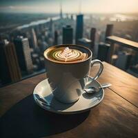 AI generated Cup of coffee with latte art on wooden table with city view background. generative ai photo