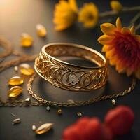 AI generated Golden bracelets on black background with sunflower and petals. generative ai photo