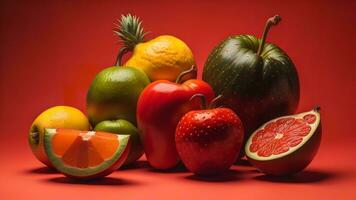 AI generated Fruits and vegetables on a red background. Healthy food concept. generative ai photo