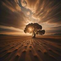 AI generated Lonely tree in the desert at sunset, generative ai photo