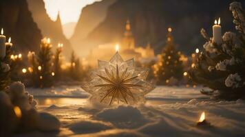 ai generado Navidad y nuevo año antecedentes. festivo decoración en el formar de un copo de nieve en el antecedentes de el noche ciudad. generativo ai foto