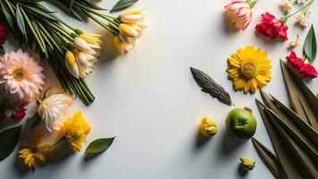 AI generated Flowers composition on white background. Flat lay, top view, copy space. generative ai photo