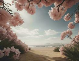 AI generated pink sakura flowers on the beach with sea and mountain background. generative ai photo