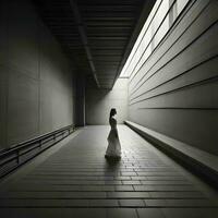 AI generated Silhouette of a girl in a long white dress in a dark corridor. generative ai photo