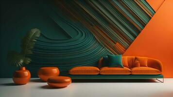 AI generated Minimalist living room interior with orange sofa, coffee table and tropical leaves. generative ai photo