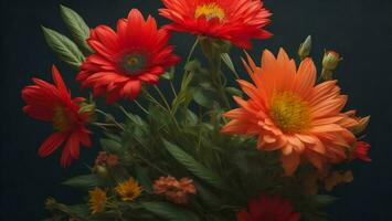 AI generated Bouquet of red and orange daisies on a dark background. generative ai photo