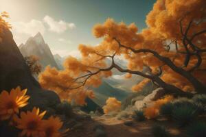 AI generated mountain landscape with autumn trees and yellow flowers. generative ai photo