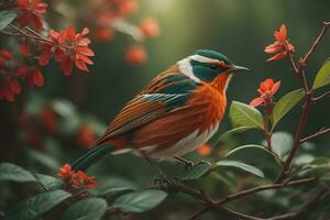 ai generado pecho naranja estornino pájaro sentado en un rama con rojo flores generativo ai foto