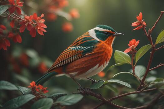 AI generated Orange-breasted starling bird sitting on a branch with red flowers. generative ai photo