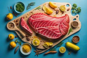 AI generated Raw beef sirloin steak with ingredients for cooking on wooden background. ai generative photo