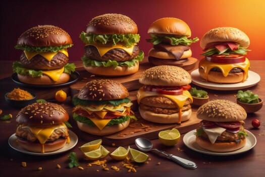 AI generated Hamburgers on a wooden table. Close-up. generative ai photo