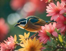 AI generated close up shot of a little bird on a flower in the garden. generative ai photo