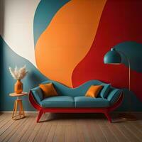 AI generated Interior of modern living room with blue sofa, orange cushions, lamp and colorful wall. generative ai photo