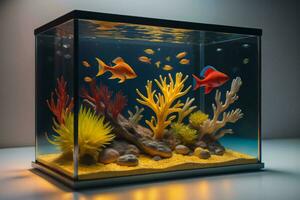 AI generated a small aquarium with corals and tropical fish. generative ai photo