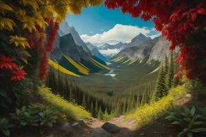 AI generated Mountain landscape with flowers and forest. generative ai photo