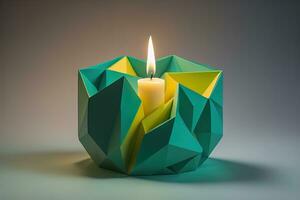 AI generated Burning aroma candle on wooden table against solid color background, copyspace. ai generative photo