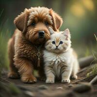 AI generated Adorable puppy and kitten together in the summer forest. Selective focus. generative ai photo