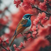 AI generated Colorful bird on a branch of a blossoming sakura. generative ai photo