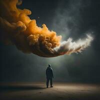 AI generated Man in raincoat standing with big cloud on his head. Halloween concept. generative ai photo