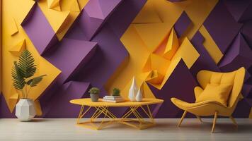 AI generated Interior of modern living room with yellow armchair, coffee table and abstract geometric pattern. generative ai photo