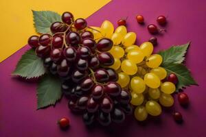 AI generated Grapes and cherry on a colored background, top view. generative ai photo