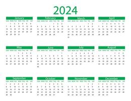 Calendar 2024 year. Vector illustration. The week starts on Sunday.