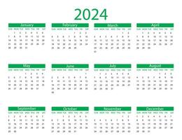 Calendar 2024 year. Vector illustration. The week starts on Sunday.