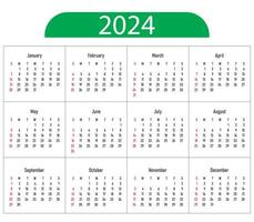 Calendar 2024 year. Vector illustration. The week starts on Sunday.