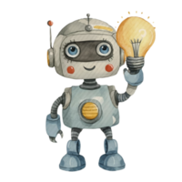 ai gegenereerd schattig robot Holding een licht lamp png