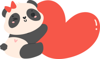 Cute Baby Panda Valentine with heart kawaii animal cartoon hand drawn png