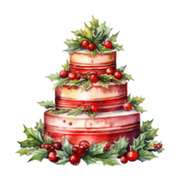 AI generated watercolor christmas cake with holly and berries. AI generated image png