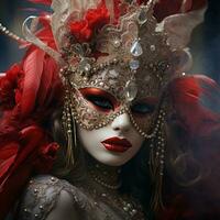 AI generated Girl in a carnaval mask with red full lips in red feathers Ai Artificial Intelligence technology concept photo