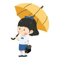 linda niña estudiante con amarillo paraguas vector