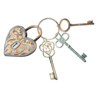 Watercolor old heart-shaped padlock with keys on ring. Template retro illustration of antique metal objects. Hand drawn isolated illustration for card, print packaging and textiles, making stickers png