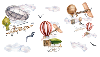 Watercolor collection with air balloons, airship and clouds in pastel colors. Hand painted airplanes set. Design elements for boy room, childish collection for wallpaper. png