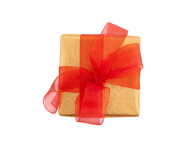 Geschenk golden glänzend Box mit rot Bogen auf isoliert Hintergrund. Weihnachten, Neu Jahr, Mütter und Damen Tag, Valentinstag, Geburtstag, Urlaub. Aussicht von über. Kopieren Raum png