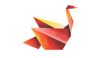 Vibrant origami swan with fiery red, orange, and yellow hues, crafted in a minimalist geometric style, isolated png