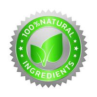 Badge of natural ingredients. Silver and green organic leaf shape rubber stamp. Design elements for labels, stickers, banners, posters for food and health business. Vector illustration.