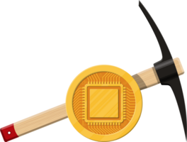 Golden coin with computer chip and pickaxe png