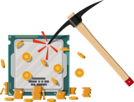 Golden coin with computer chip and pickaxe png