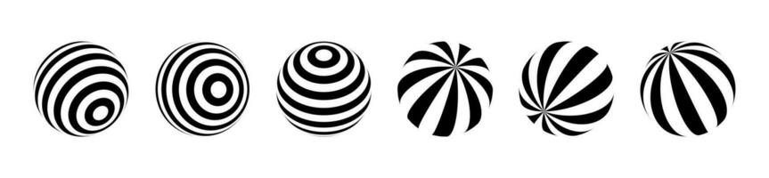 Optical illusion of the globe pack. 3D wave stripe spheres. Isolated vector illustration on white background.